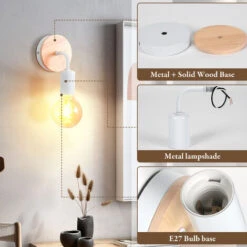 Lampada Da Parete Bianca E27 Lampadario Moderno Semplicità Lampada Da Parete Led In Legno Per Camera Dei Bambini Camera Da Letto Bar Hotel (Senza Lampadina) -Negozio al dettaglio Paulmann 19303686 4