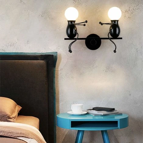 Lampada Da Parete Nordic Semplice In Ferro Battuto Creativa Lampadari A Sospensione Umanoide 2 Teste Lampadario Per Soggiorno Camera Da Letto Camera Dei Bambini Nero 4 Lampada Da Parete Nordic Semplice In Ferro Battuto Creativa Lampadari A Sospensione Umanoide 2 Teste Lampadario Per Soggiorno Camera Da Letto Camera Dei Bambini Nero - immagine 2