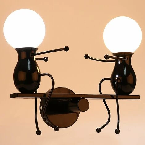 Lampada Da Parete Nordic Semplice In Ferro Battuto Creativa Lampadari A Sospensione Umanoide 2 Teste Lampadario Per Soggiorno Camera Da Letto Camera Dei Bambini Nero 7 Lampada Da Parete Nordic Semplice In Ferro Battuto Creativa Lampadari A Sospensione Umanoide 2 Teste Lampadario Per Soggiorno Camera Da Letto Camera Dei Bambini Nero - immagine 5
