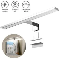 Lampada Specchio Bagno Applique Parete 40cm Luce LED 8W 6500K 640lm In Alluminio