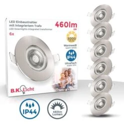 Faretti LED Da Incasso Ultrapiatti IP44, LED Integrati 5W, Diametro Foro 68mm, Faretti Per Bagno Ultrasottili Da Soffitto, Luce Calda 3000K, 460Lm, Set Da 6, Rotondi, Plastica Color Nichel Opaco 230V