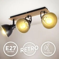 B.K.Licht Plafoniera Retrò Orientabile, Legno E Metallo, Attacco Per 3 Lampadine E27 Non Incluse, Faretti Vintage Industriali, Lampada Da Muro O Soffitto Nero-oro