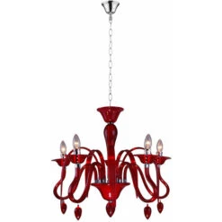 Lampadario Lampadario Lampadario Rosso 5 Fiamme, Sospensione Lampada Sospensione Sala Da Pranzo, Metallo Cromato Classico, 5x Prese E14, DxH 55x130cm