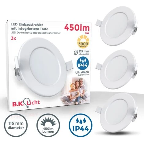 Faretti LED Da Incasso Ultrapiatti Per Bagno, Set Di 3, LED Integrati 6W, Foro Ø100mm, Luce Calda 3000K, 450Lm, Faretti Da Soffitto Rotondi, Plastica Bianca 230V IP44 5 Faretti LED Da Incasso Ultrapiatti Per Bagno, Set Di 3, LED Integrati 6W, Foro Ø100mm, Luce Calda 3000K, 450Lm, Faretti Da Soffitto Rotondi, Plastica Bianca 230V IP44 - immagine 3