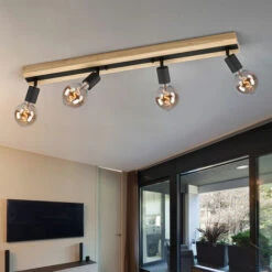 Faretto Da Soffitto, Legno, 4 Fiamme, Plafoniera, Faretti, Nero, Plafoniera A Tre Fiamme, Faretto Orientabile, Metallo, 4x E27, LxPxH 83x9x9 Cm