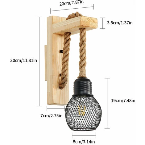 Applique Industriale Vintage, Lampada Da Parete In Legno Rustico Retrò, Lampada Da Muro A Sospensione In Corda Di Canapa Con Paralume In Metallo Nero Per Camera Da Letto, Soggiorno (Senza Lampadine) 7 Applique Industriale Vintage, Lampada Da Parete In Legno Rustico Retrò, Lampada Da Muro A Sospensione In Corda Di Canapa Con Paralume In Metallo Nero Per Camera Da Letto, Soggiorno (Senza Lampadine) - immagine 5