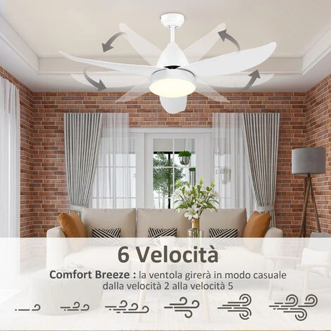 HOMCOM Ventilatore Da Soffitto 3 Lame Con Luce LED E Telecomando Incluso, 6 Velocità, Per Interni, Φ122x45cm, Bianco 6 HOMCOM Ventilatore Da Soffitto 3 Lame Con Luce LED E Telecomando Incluso, 6 Velocità, Per Interni, Φ122x45cm, Bianco - immagine 4
