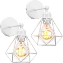 2X Lampada Da Parete Interni, Industriale Stile Applique In Metallo, Illuminazione Da Parete Gabbia Diamante Regolabile 180° Per Soggiorno Camera Da Letto Corridoio (Bianco)