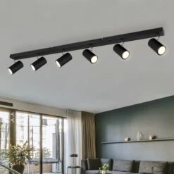Plafoniera Spot Bar Faretto Da Soffitto 6 Fiamme Luce Soggiorno, Plafoniera Con Faretti Orientabili, Metallo Nero, 6x GU10, LxPxH 115x6x12 Cm
