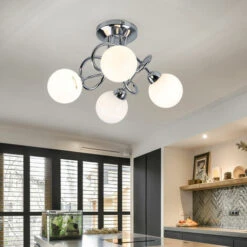 Lampada Da Soffitto Cromo Moderna Sala Da Pranzo Design Lampada Palle Bianche Lampada Da Soffitto Soggiorno, Realizzata In Acciaio, 4 Prese G9, D 40 Cm