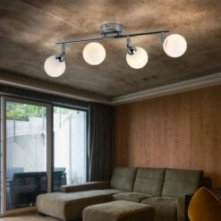 Plafoniera, 4 Fiamme Spot Bar, Sfere, Vetro, Bianco Plafoniera, Faretto, Orientabile, Acciaio Cromato, Bianco, L 45 Cm