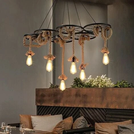 Lampadario A Sospensione Soffitto Stile Rustico Country 6 Corde Canapa E Ferro 3 Lampadario A Sospensione Soffitto Stile Rustico Country 6 Corde Canapa E Ferro