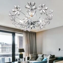 Plafoniera In Cristallo Fiori Di Cristallo Chiaro Plafoniera Trasparente Cromo Soggiorno, Cristalli Acrilici, 3 Fiamme Attacco E14, DxH 41,5x18 Cm