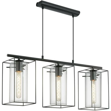 EGLO Sospensione Loncino In Nero Vetro Fumé Nero Trasparente 3X60W L: 74.5 H: 110 Centimetri 3 EGLO Sospensione Loncino In Nero Vetro Fumé Nero Trasparente 3X60W L: 74.5 H: 110 Centimetri