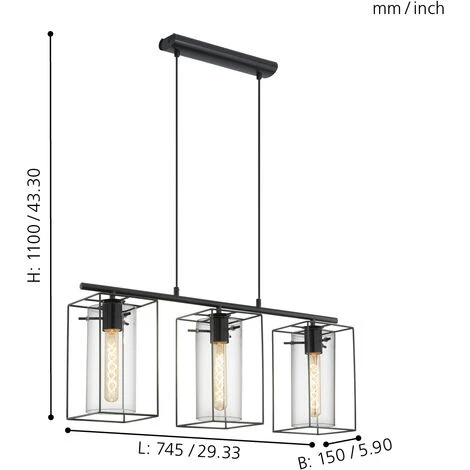 EGLO Sospensione Loncino In Nero Vetro Fumé Nero Trasparente 3X60W L: 74.5 H: 110 Centimetri 6 EGLO Sospensione Loncino In Nero Vetro Fumé Nero Trasparente 3X60W L: 74.5 H: 110 Centimetri - immagine 4