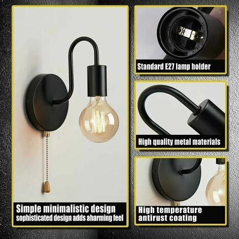 Lampada Da Parete Vintage E27 Applique Da Parete Con Presa Standard Lampada Da Interni Retrò Industriale In Metallo Con Interruttore, Senza Lampadina, Nera 5 Lampada Da Parete Vintage E27 Applique Da Parete Con Presa Standard Lampada Da Interni Retrò Industriale In Metallo Con Interruttore, Senza Lampadina, Nera - immagine 3
